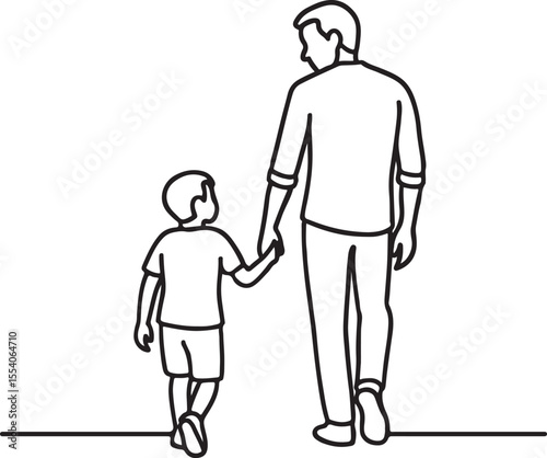 line drawing of dad and son walking together silhouette design vector art illustration