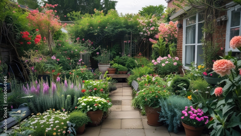 Fototapeta premium Lush backyard garden with a variety of flowering plants and shrubs
