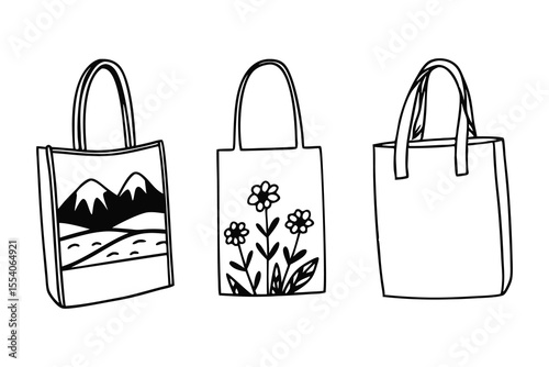 Collection of hand-drawn tote bag illustrations featuring mountain and floral designs perfect for sustainable shopping concepts.