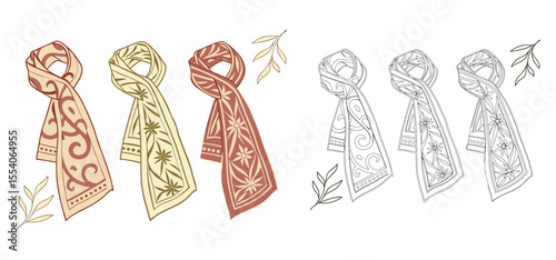 Collection of stylish silk scarves featuring floral and swirl designs displayed in different colors and outlines