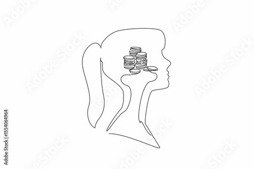 Single one line drawing the head of a woman with a pile of coins in the middle of her head. A little pile that will be hilly. Inside the Head of Woman. Continuous line design graphic illustration