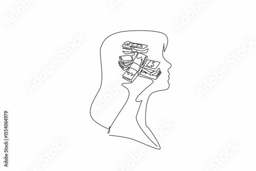 Single continuous line drawing the head of a woman with a pile of banknotes in the middle of her head. Consideration, spent or invested. Inside the Head of Woman. One line design vector illustration
