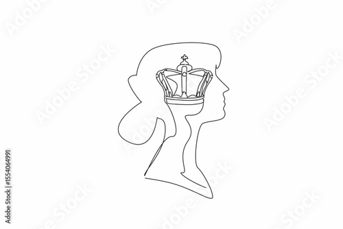 Single one line drawing the head of a young woman with a royal crown in the middle of her head. Get the title of honorary queen. Inside the Head of Woman. Continuous line design graphic illustration