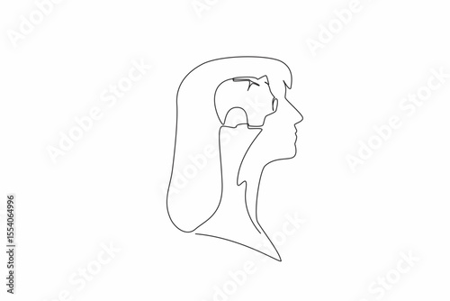Continuous one line drawing the head of a woman with a piggy bank in the middle of her head. Put saving first. Not wasteful. Inside the Head of Woman. Single line draw design vector illustration