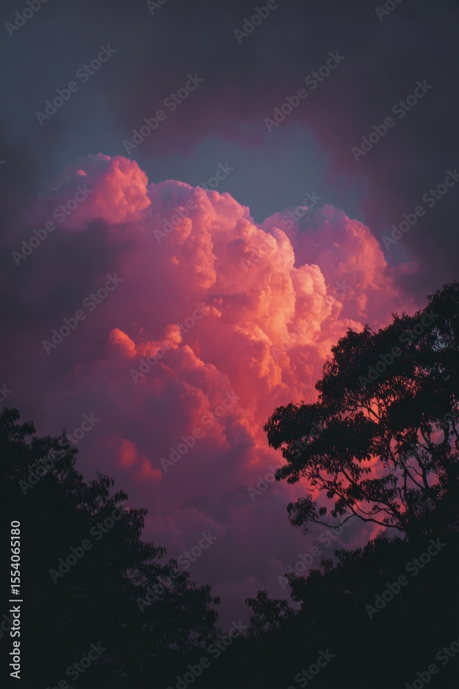 Fototapeta premium Dramatic sunset clouds illuminated by vibrant hues over a dense forest in the late evening sky