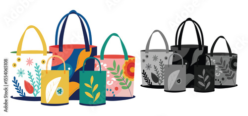 Colorful floral and botanical eco-friendly tote bags collection isolated on white background in vector art