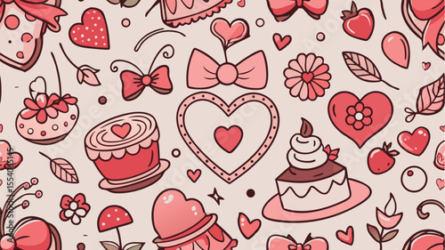 Pink and red cute doodle hearts bows and cakes seamless pattern love