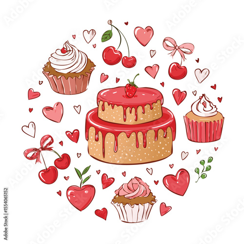 Hand drawn sweet treats and hearts in pink and red tones cake cupcake