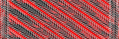 Auto tire tread grunge element. Car and motorbike tire patterns, wheel tire tread marks. Black tire print. Vector illustration isolated on red background. Vector Illustration