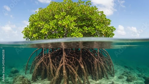 Mangrove tree thriving in clear waters with vibrant roots visible