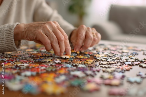 Hands assembling a jigsaw puzzle indoors, showcasing concentration and mindfulness during afternoon leisure time