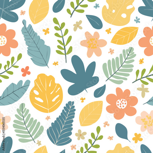 Seamless pattern of colorful tropical leaves and flowers on white background floral