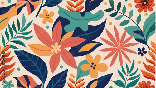 Abstract floral and leaf pattern in coral orange teal and navy blue floral pattern