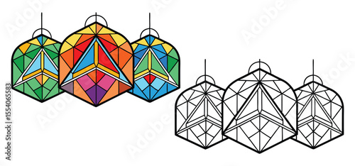 Colorful stained glass style vector illustrations of three geometric shapes hanging in a bright and colorful style with a simple outline.