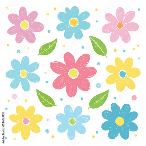 Hand drawn pastel flowers and leaves scattered on white background floral pink
