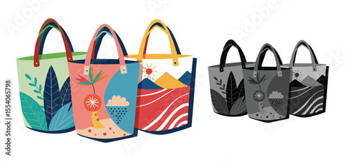 Colorful tote bags with various nature and abstract designs displayed on a white background perfect for shopping