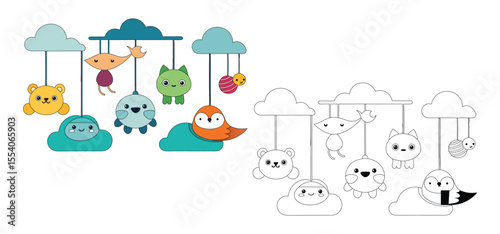 Cute baby mobile with adorable animals like a bear fox and owl dangling below fluffy clouds vector illustration