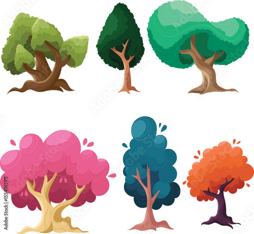 Print Collection of Colorful Cartoon Trees for education and Game Design