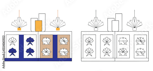 Conceptual illustration of a modern decorative sideboard furniture design featuring lamps, vases and abstract floral elements.