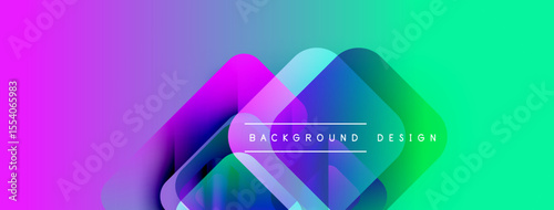 Vibrant abstract background. Overlapping shapes create dynamic visual effect. Gradient colors transition smoothly, purple to green. Text reads background design.