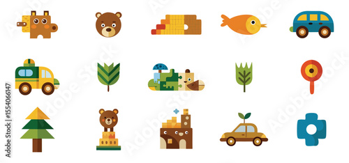 Delightful and charming collection of flat design illustrations featuring animal and object puzzle pieces on white background
