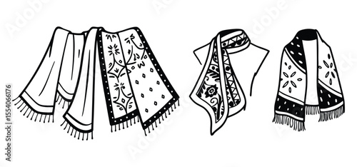 Elegant black and white illustrations showcasing a collection of stylish patterned scarves and shawls for design projects