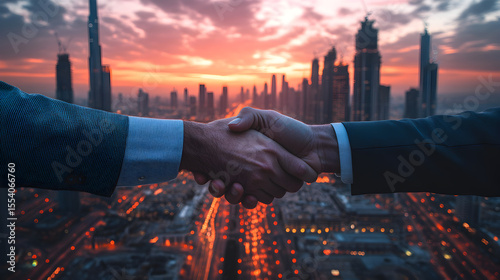 Handshake between two businessmen with Dubai skyline in the background, symbolizing UAE economic growth, thriving business environment, investment opportunities, and strong international par74178878 2