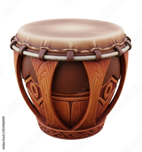 Traditional Wooden Drum with Leather Top and Carved Details in Light Brown Color for Cultural Music Performance
