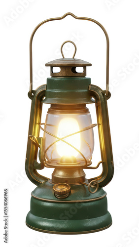 Vintage Green Oil Lantern with Illuminated Flame on White Background