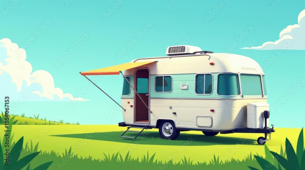 Naklejka premium Retro Camper Van Parked on Sunny Meadow, Ready for a Serene Vacation
