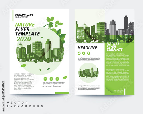 Green eco flyer, poster, brochure, magazine, annual report, booklet, cover banner template. Modern green leaf, environment design