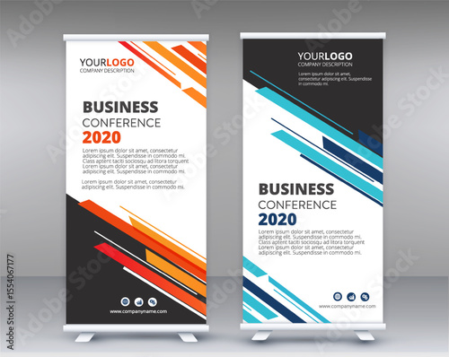 Modern design of roll-up advertising stand, banner template for the exhibition, creative geometric background for photo and text placement.