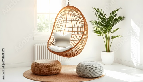 A comfortable interior scene featuring a hanging wicker chair, two ottomans, and a potted plant.