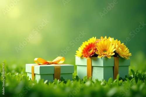 Pastel Gift Boxes with Vibrant Yellow and Orange Flowers Resting in Lush Green Grass