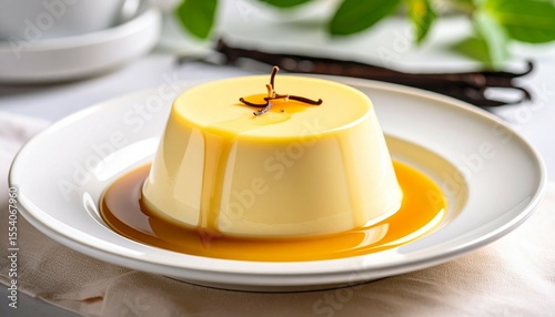 Vanilla pudding at plate with vanilla topping on natural lighting