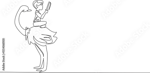 Single one line drawing boy reading book on cute ostrich. Sit cross legged and study seriously. Learn to be an observer. Boy Reading Book at Animal Back. Continuous line design graphic illustration