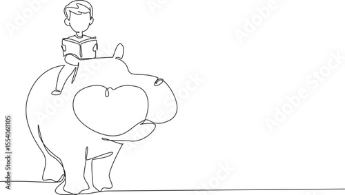 Single continuous line drawing boy reading book on cute hippopotamus. Find out what habits hippopotamus will do. Learn and observe. Boy Reading Book at Animal Back. One line design vector illustration
