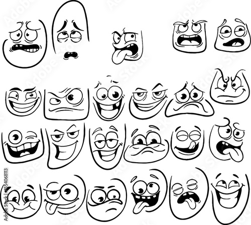Set of linear emoji faces. Black and white icons with faces expressing different emotions. Sad, happy, funny, loving, crying and angry characters. Cartoon flat vector collection isolated on white