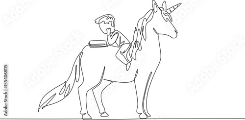 Single one line drawing boy reading book on cute unicorn. Get ease of learning. Can focus anywhere. Always read seriously. Boy Reading Book at Animal Back. Continuous line design graphic illustration