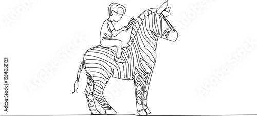 Continuous one line drawing the boy reading book on cute zebra. Seeking knowledge about the causes of zebra striped skin. Boy Reading Book at Animal Back. Single line draw design vector illustration