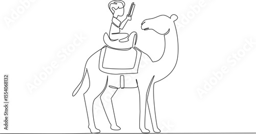 Continuous one line drawing boy reading book on cute camel. Find out main function of the camel hump. Learning from nature. Boy Reading Book at Animal Back. Single line draw design vector illustration