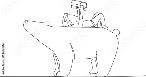 Single continuous line drawing boy reading book on cute polar bear. Lying on back reading book. Increase knowledge in relaxed way. Boy Reading Book at Animal Back. One line design vector illustration