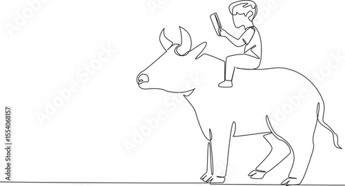 Single continuous line drawing boy reading book on cute bull. Sit seriously holding book. Increase knowledge during holiday season. Boy Reading Book at Animal Back. One line design vector illustration