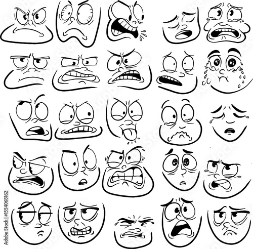 Set of linear emoji faces. Black and white icons with faces expressing different emotions. Sad, happy, funny, loving, crying and angry characters. Cartoon flat vector collection isolated on white