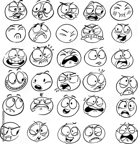 Set of linear emoji faces. Black and white icons with faces expressing different emotions. Sad, happy, funny, loving, crying and angry characters. Cartoon flat vector collection isolated on white