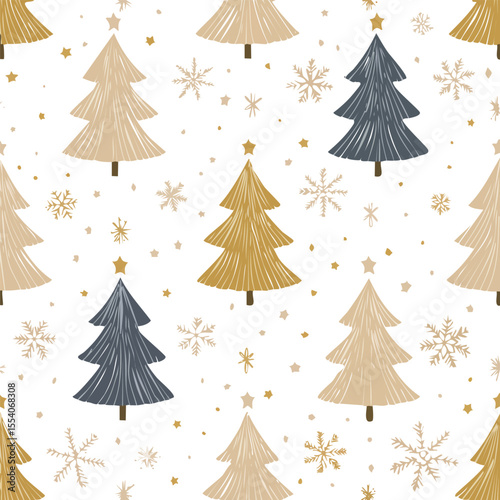 Seamless pattern of gold and beige Christmas trees with snowflakes background winter