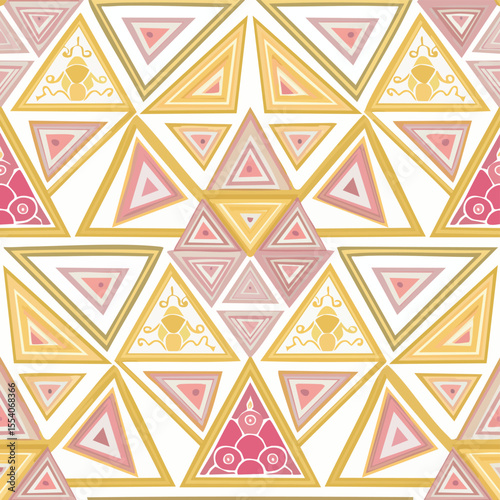 Geometric triangle pattern with Egyptian scarab beetle motifs in gold and pink vector