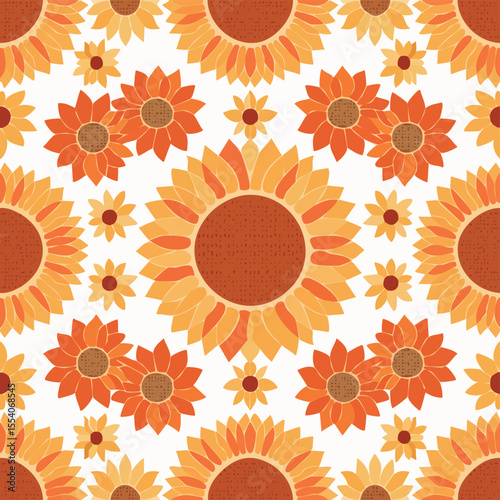 Orange and yellow sunflowers seamless pattern on white background floral repeat