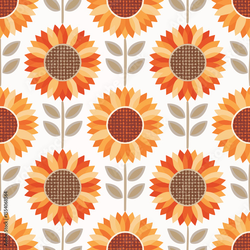 Seamless pattern of stylized sunflowers in warm orange and brown tones floral botanical