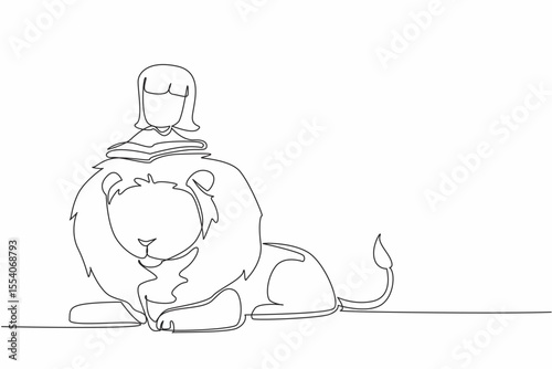 Single one line drawing girl reading book on cute lion. Girl Reading Book at Animal Back. Reading books can be anywhere. Good seeker of knowledge. The nerd. Continuous line design graphic illustration